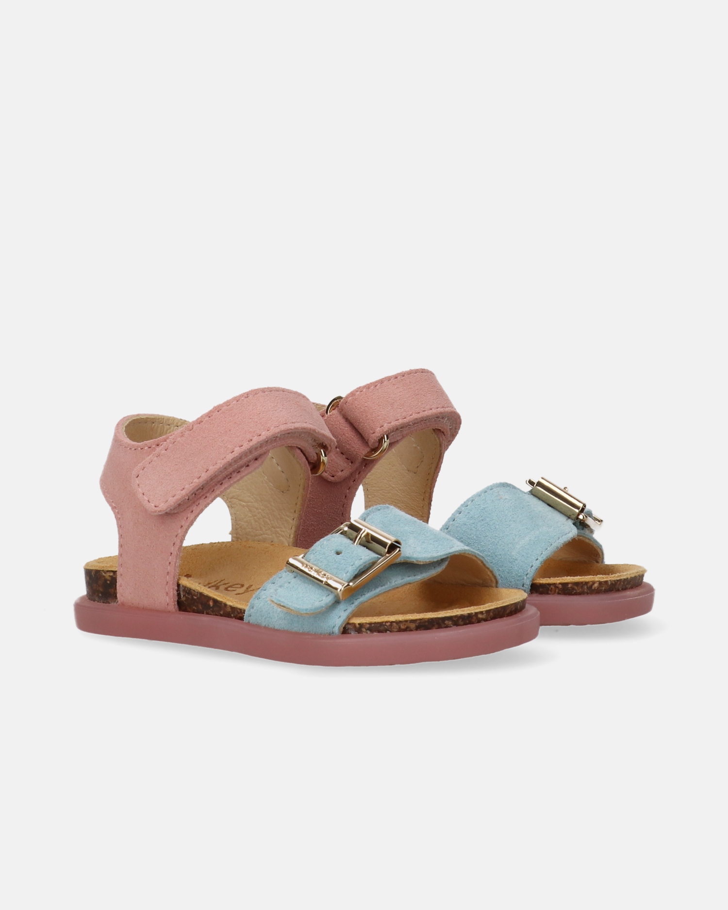 Sandali primi passi da bambina color block rosa e celeste in camoscio