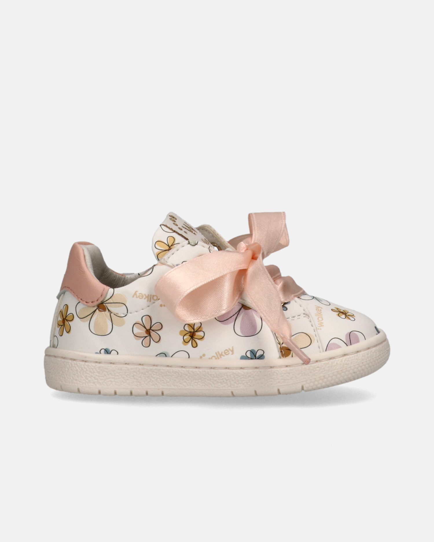 Sneakers primi passi con stampa fiori e lacci raso