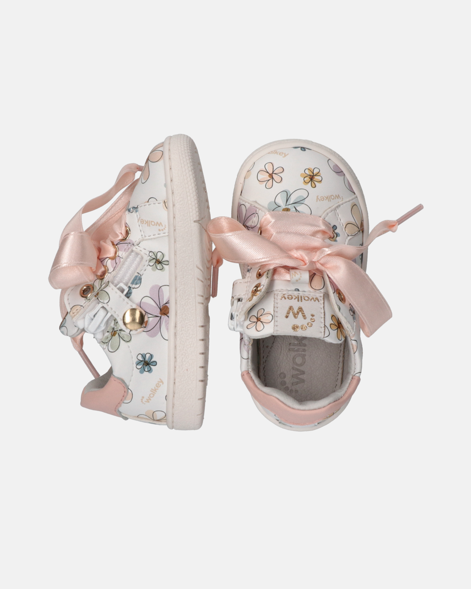 Sneakers primi passi con stampa fiori e lacci raso
