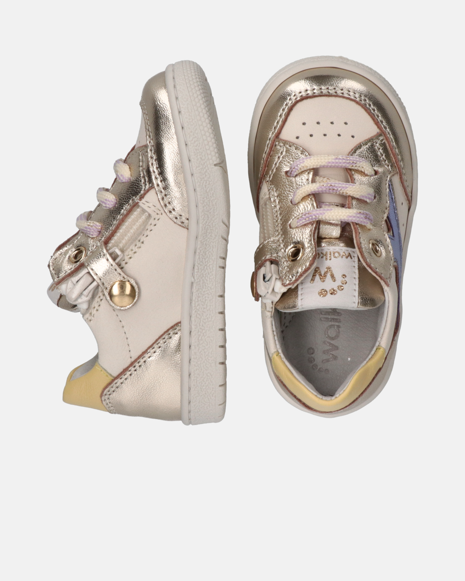 Sneakers primi passi in pelle con inserti laminati multicolor