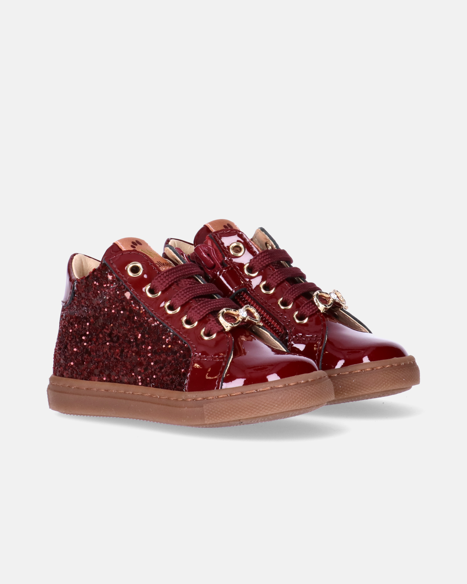 Sneakers bambina in vernice con glitter e fiocco gioiello