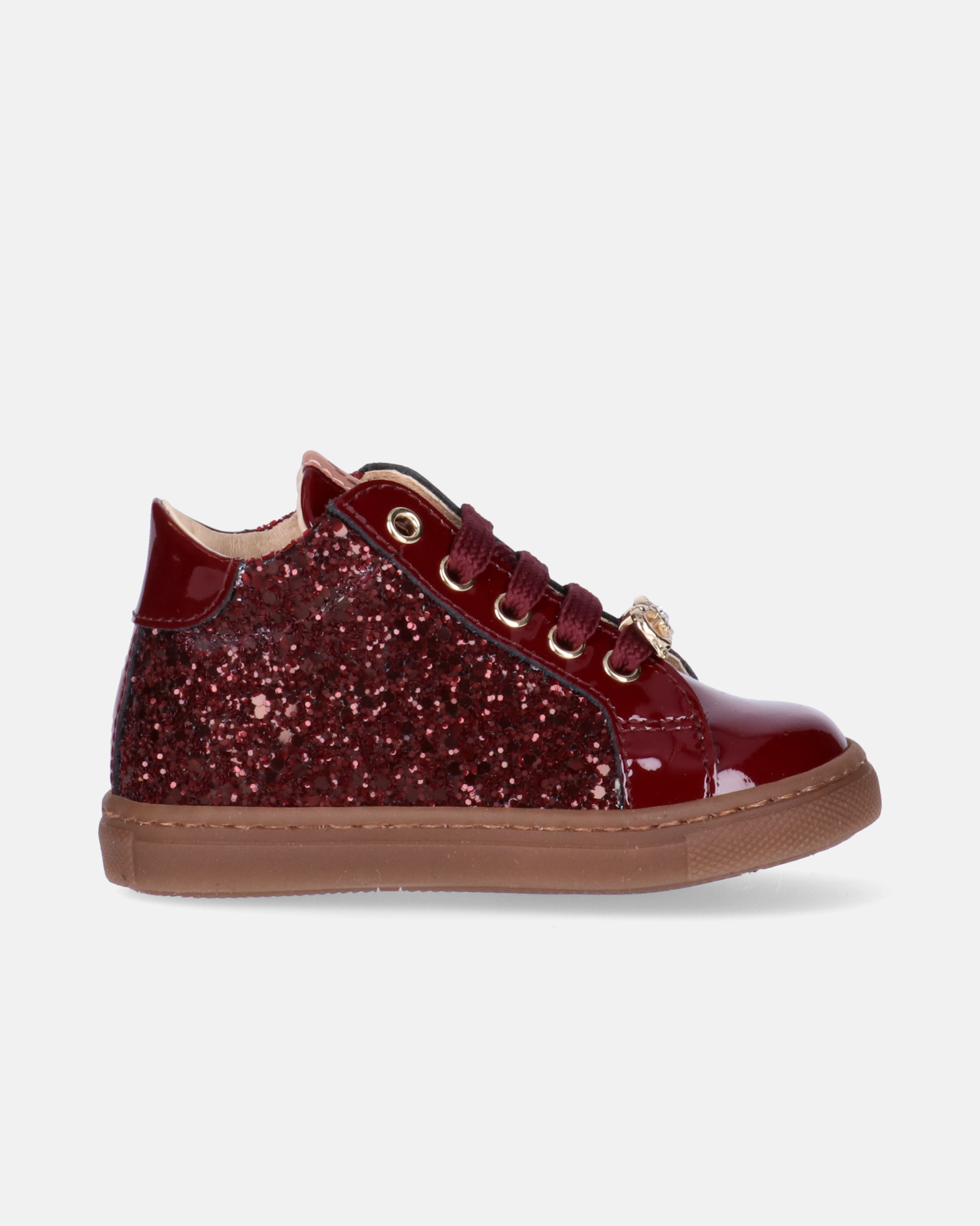 Sneakers bambina in vernice con glitter e fiocco gioiello