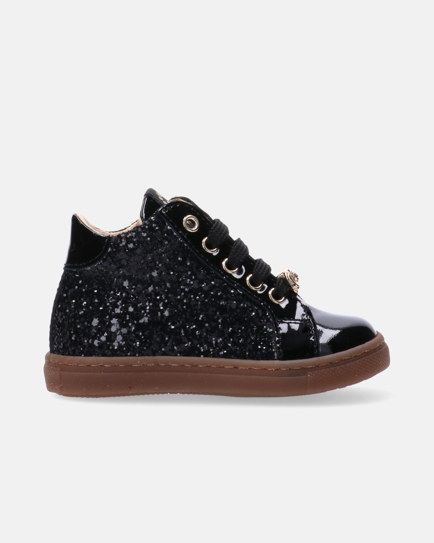 Sneakers bambina in vernice con glitter e fiocco gioiello