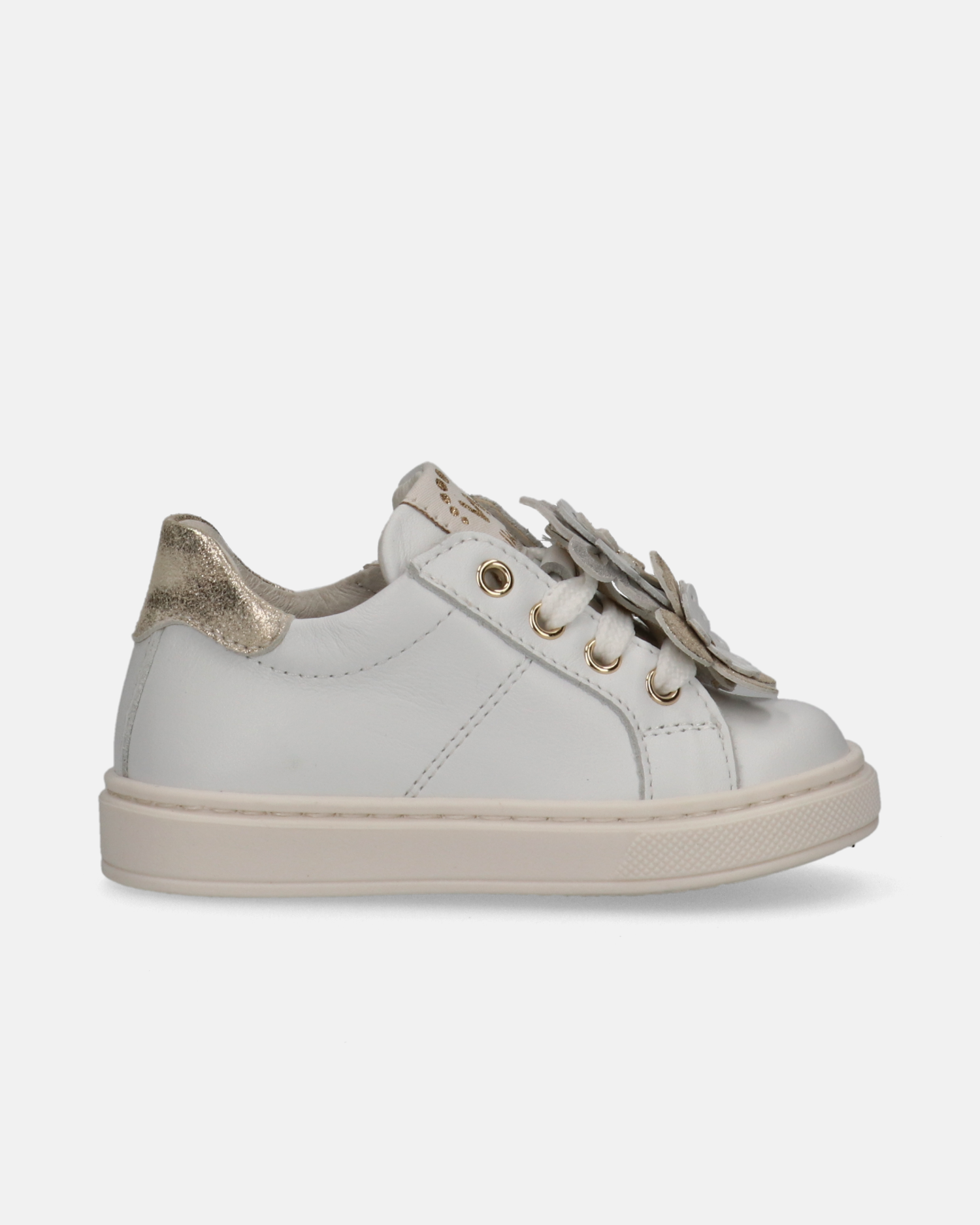 Sneakers primi passi in pelle con fiori applicati