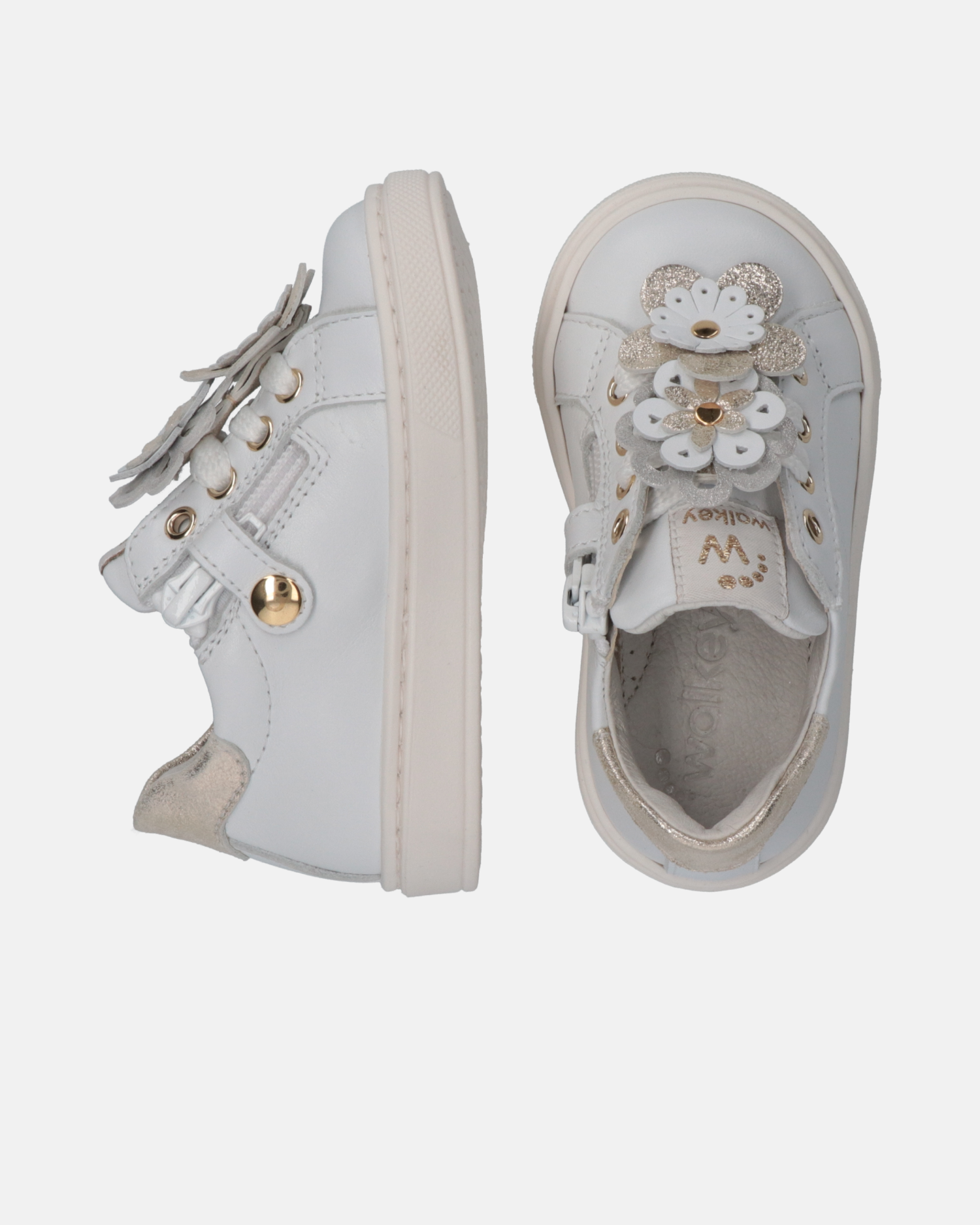 Sneakers primi passi in pelle con fiori applicati