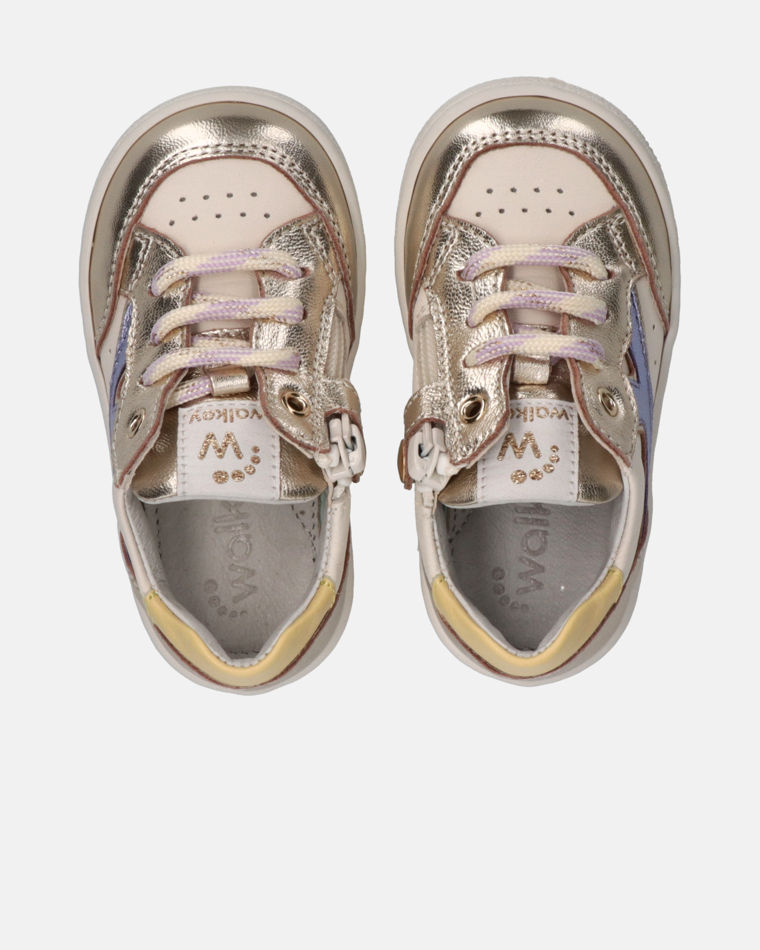 Sneakers primi passi in pelle con inserti laminati multicolor