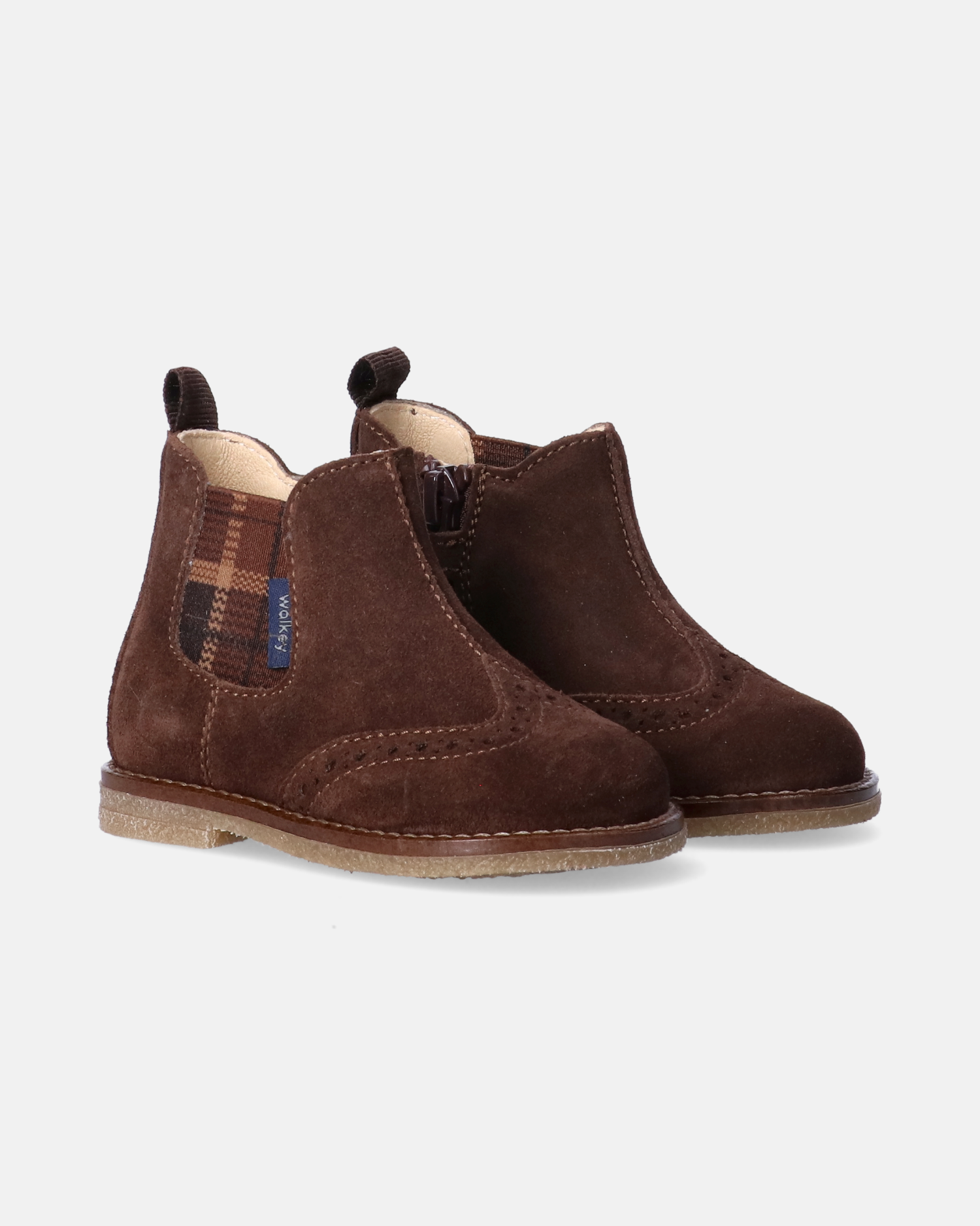 Stivaletti da bambino marroni Walkey con elastico scozzese e zip interna.